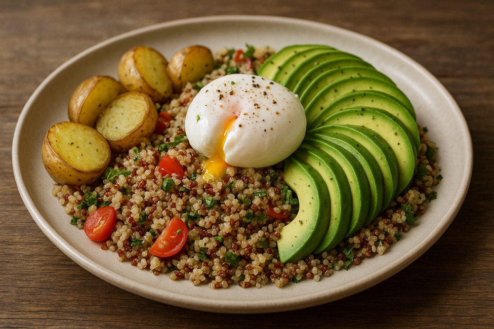Салат из киноа, авокадо и яйцом пашот
